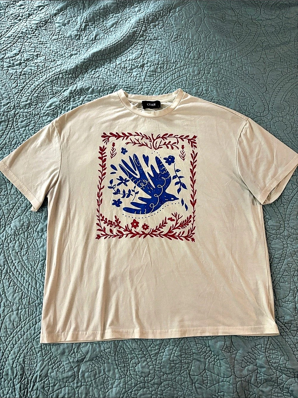 CIDER Graphic Tee in Cream & Blue Large Like New Loose Fit